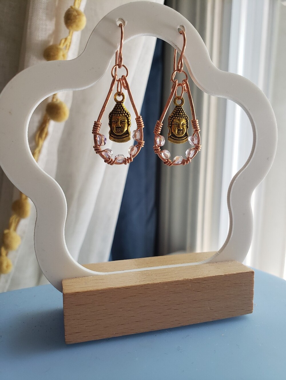 New Handcrafted Copper Wire Gold Buddha Teardrop Earrings